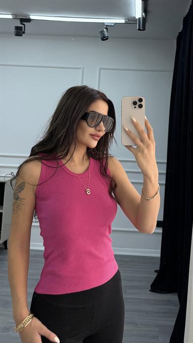 Fuşya Esnek Bisiklet Yaka Kaşkorse Geniş Askılı -Bluz