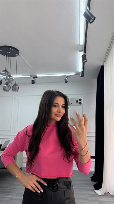Fuşya Kapüşonlu Rahat Kalıp Crop Sweatshirt