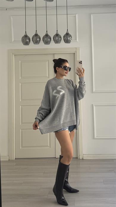 Antrasit Bisiklet Yaka Oversize Yazılı Triko Kazak