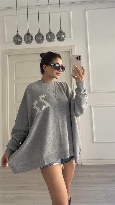 Antrasit Bisiklet Yaka Oversize Yazılı Triko Kazak