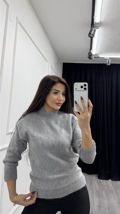Gri Dik Yaka Loose Fit Triko Kazak