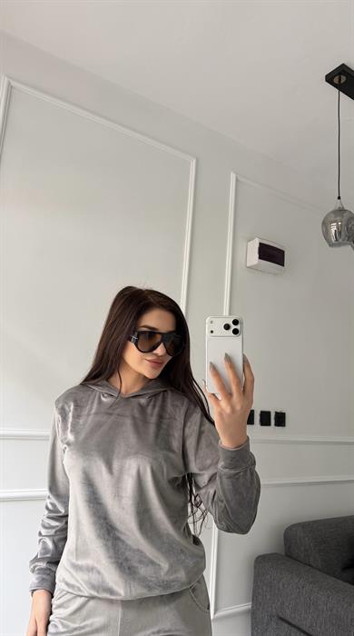 Gri Kadife Kumaş Kapüşonlu Pantolon Takım