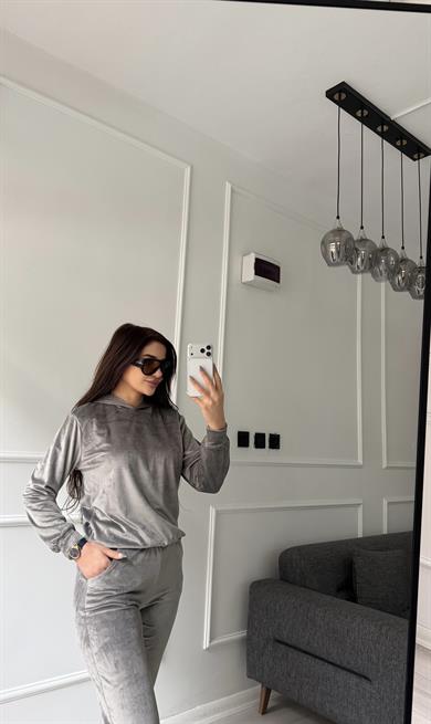 Gri Kadife Kumaş Kapüşonlu Pantolon Takım