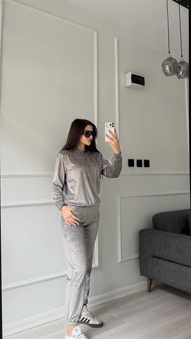 Gri Kadife Kumaş Kapüşonlu Pantolon Takım