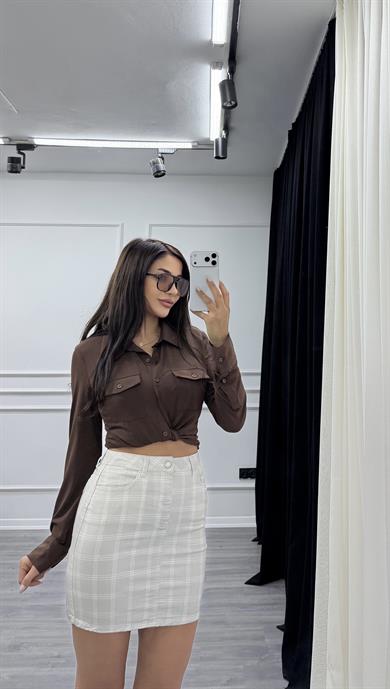 Gri Önden Düğmeli Kareli Kısa Etek