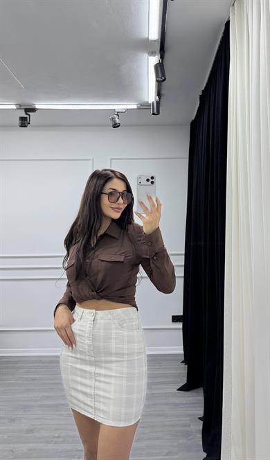 Gri Önden Düğmeli Kareli Kısa Etek