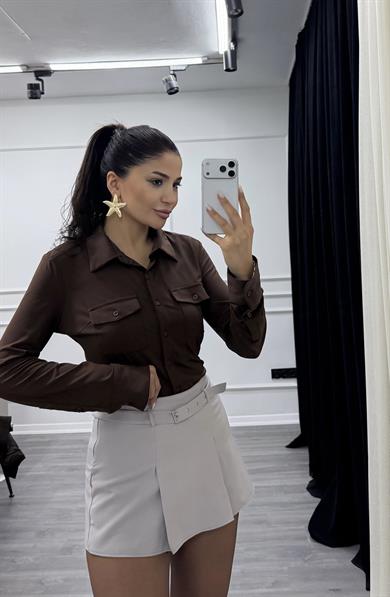 Gri Önden Pileli Kemer Detaylı Şort Etek