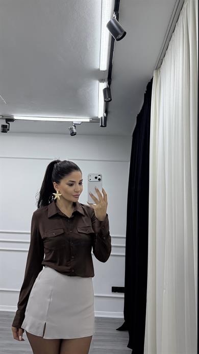 Gri Rahat Kalıp Krep Kumaş Önden  Yırtmaçlı Şort Etek