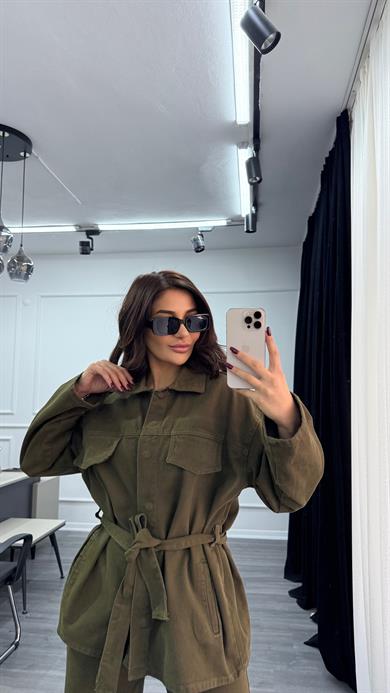 Haki Bağlamalı Ceket ve Pantolon Denim Takım