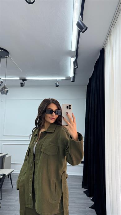 Haki Bağlamalı Ceket ve Pantolon Denim Takım