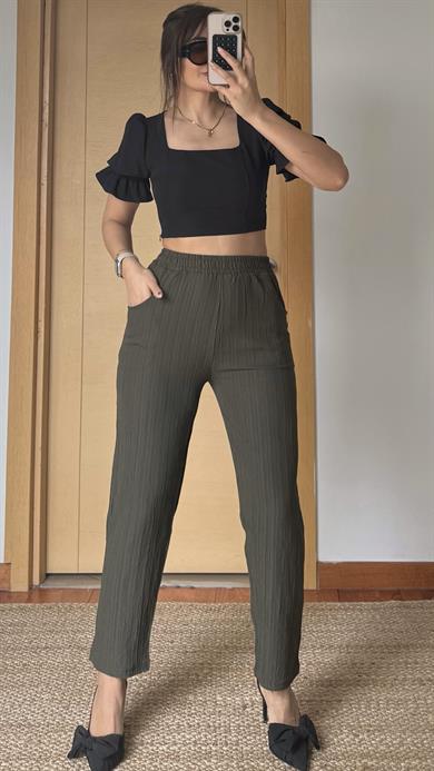 Haki Beli Lastikli Rahat Kalıp Müslin Kadın Pantolon