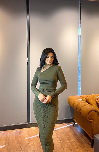 Haki Büzgülü Asimetrik Yaka Midi Örme Elbise