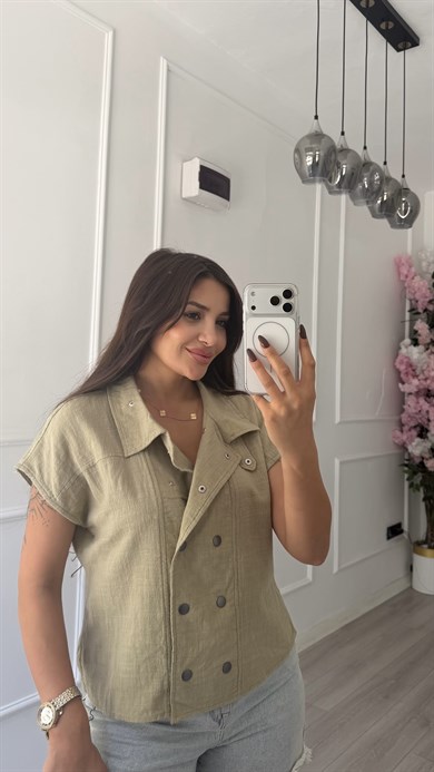 Haki Çift Çıtçıtlı Dik Yaka Keten Gömlek