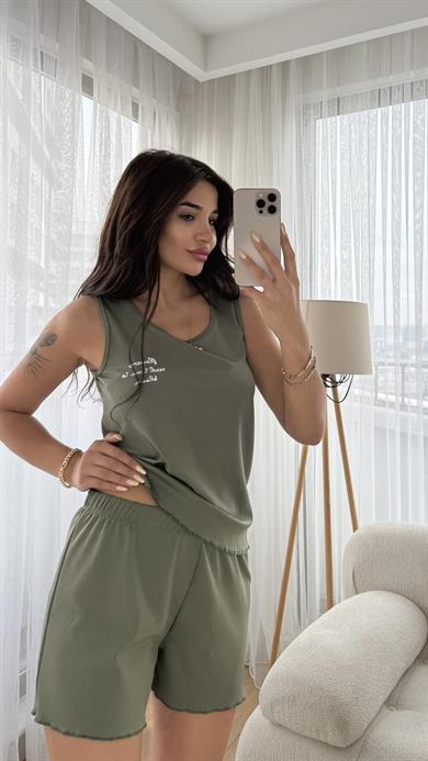 Haki Pamuklu Dikiş Detaylı Pijama Takımı
