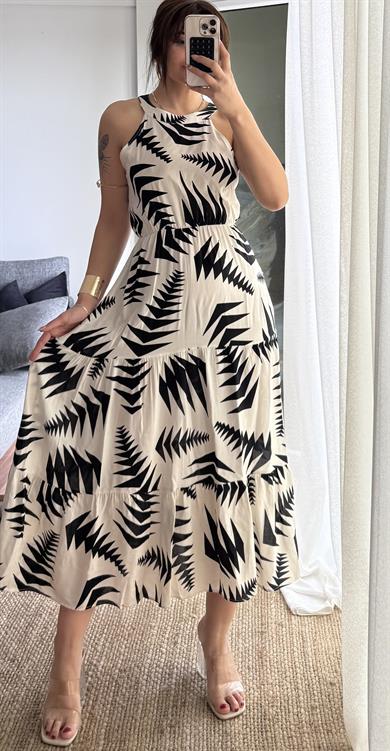 Halter Yaka Beli Lastikli Kloş Viskon Elbise--bej