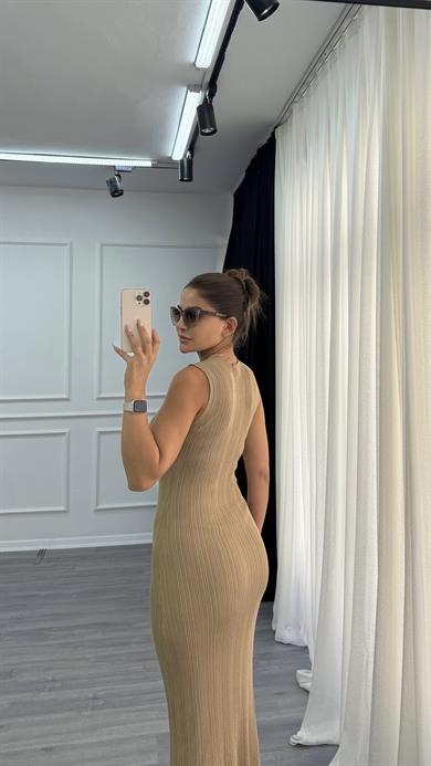 Halter Yaka Maksi Elbise-Taba