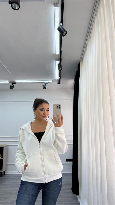 İçi polarlı kapşonlu hırka beyaz