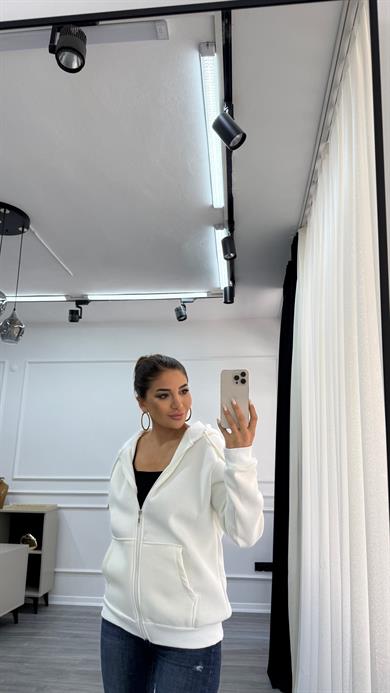 İçi polarlı kapşonlu hırka beyaz