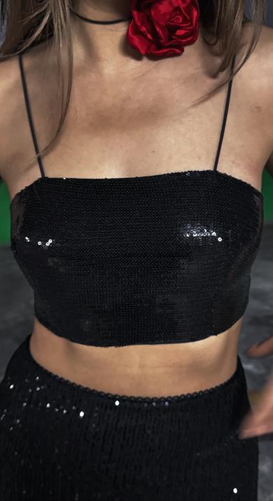 İp Askılı Pullu Crop Bluz-Siyah
