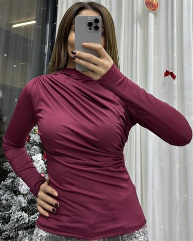 Kadın Bordo Büzgü Detaylı Dik Yaka Sandy Bluz