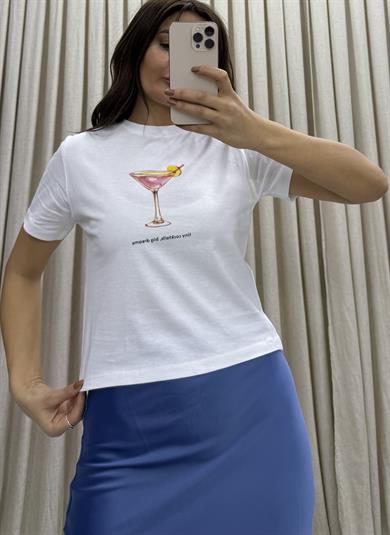 Kadın Cocktail Baskı Desenli Kısa Kollu Organik Pamuklu Bisiklet Yaka Crop Beyaz T-Shirt