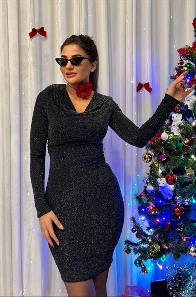 Kadın Degaje Yaka Vatkalı Simli Elbise