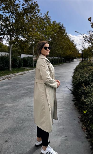 Kadın  Kuşaklı Deri Trenç-Bej