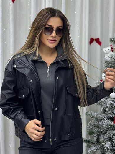 Kadın Siyah Oversize Cepli Dik Yaka Deri Ceket