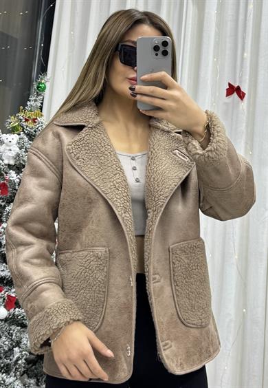 Kadın Süet Ters Cep Detaylı Lamineli İçi Peluş Mont