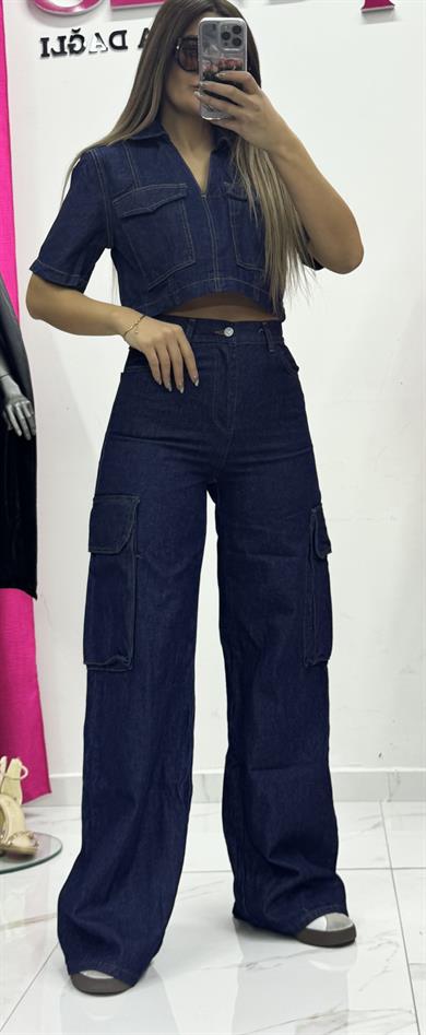 Kadın Yıkamalı Kargo Cep Denim Takım -Lacivert