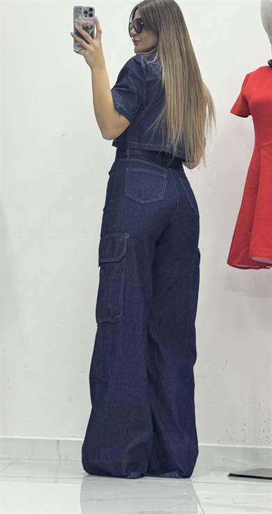 Kadın Yıkamalı Kargo Cep Denim Takım -Lacivert