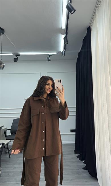 Kahverengi Bağlamalı Ceket ve Pantolon Denim Takım