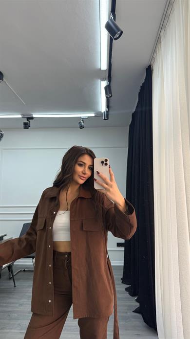 Kahverengi Bağlamalı Ceket ve Pantolon Denim Takım
