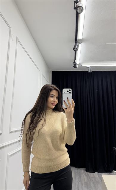Kahve Dik Yaka Loose Fit Triko Kazak
