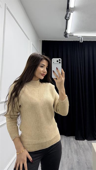 Kahve Dik Yaka Loose Fit Triko Kazak