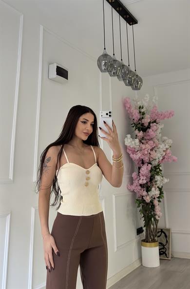 Kahve  Dikişli Geniş Paça Çelik Triko Pantolon