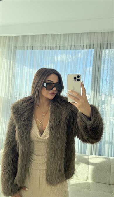 Kahve Şal Yaka Kadın Mont Rahat Kalıp İç Astarlı Premium Kalite  Kürk 