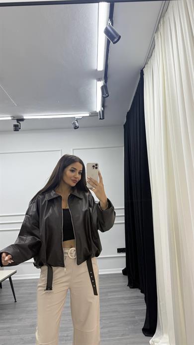 Kahverengi Beli Kemerli Bomber Oversize Deri Ceket