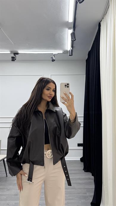 Kahverengi Beli Kemerli Bomber Oversize Deri Ceket