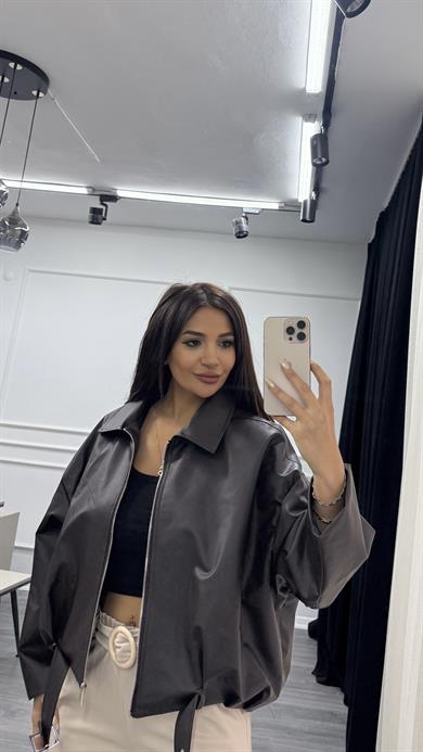 Kahverengi Beli Kemerli Bomber Oversize Deri Ceket