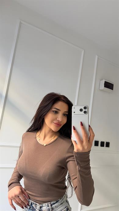 Kahverengi Bisiklet Yaka Uzun Kollu Transparan Bluz