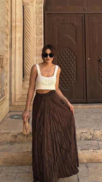 Kahverengi Kadın Beli Lastikli Crush Efektli Uzun Etek