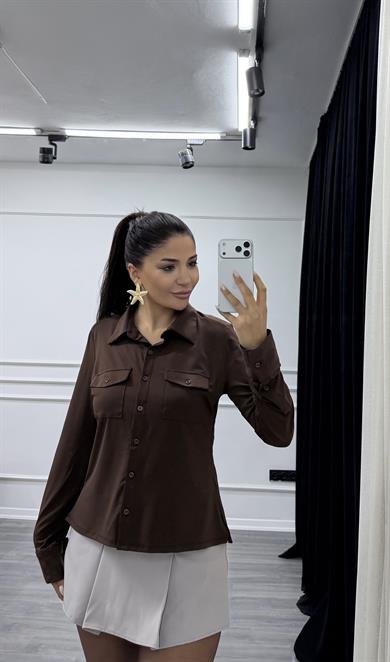 Kahverengi Kapak Cepli Likralı Düğmeli Gömlek
