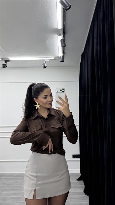 Kahverengi Kapak Cepli Likralı Düğmeli Gömlek