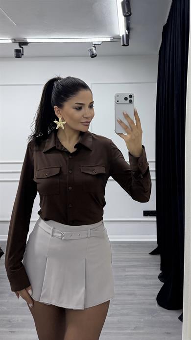 Kahverengi Kapak Cepli Likralı Düğmeli Gömlek