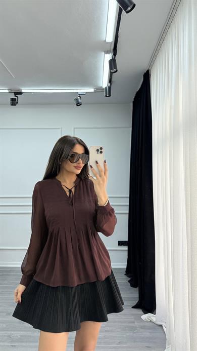 Kahverengi Önü Pileli İçi Astarlı Şifon Gömlek