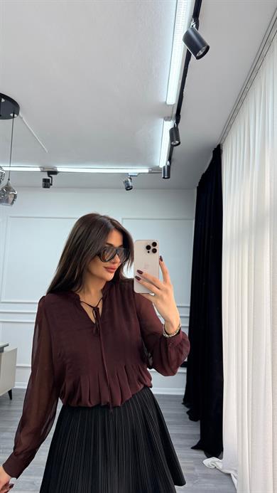 Kahverengi Önü Pileli İçi Astarlı Şifon Gömlek