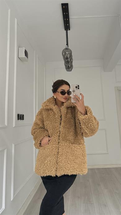 Kahverengi Peluş Fermuarlı Çift Cepli Kürk