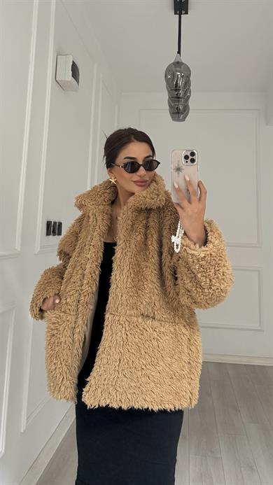 Kahverengi Peluş Fermuarlı Çift Cepli Kürk