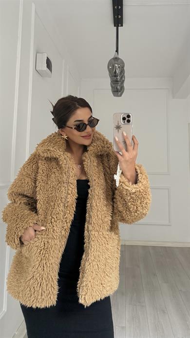 Kahverengi Peluş Fermuarlı Çift Cepli Kürk